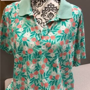 Lands' End Floral Button Down Shirt‎ - Polo Short Mink Green and Coral Sz 2X